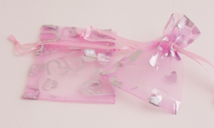 Organza bag pink with silver hearts